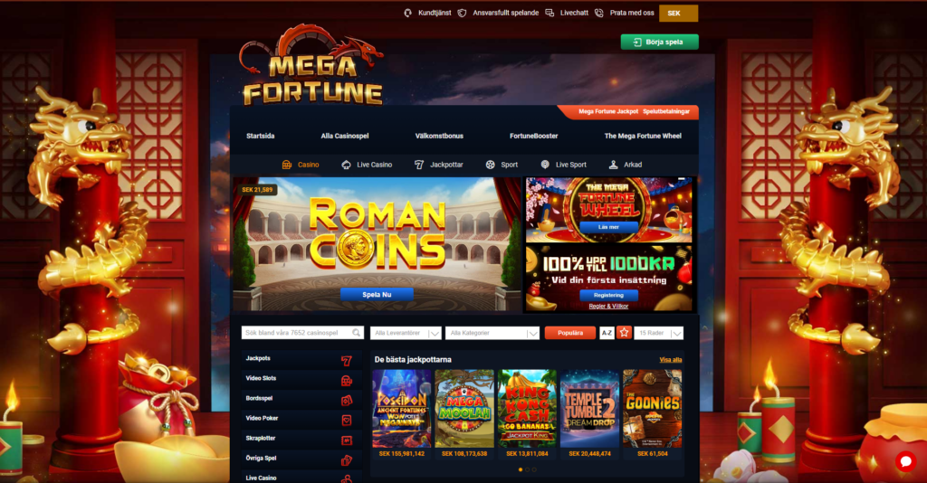 Skärmbild från Mega Fortunes startsida
