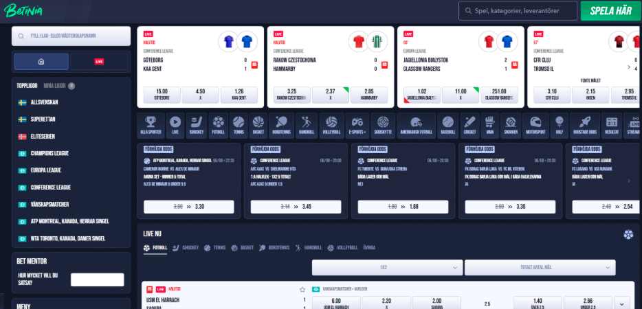 Altenar-Sportsbook hos Betinia.