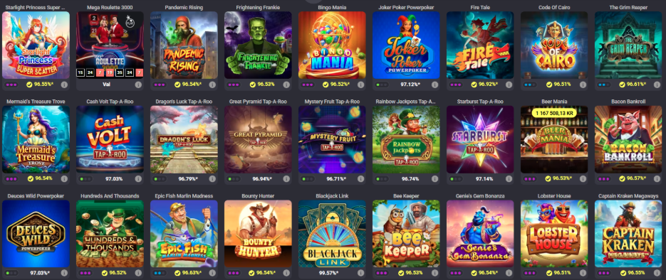 Coolbets casinolobby redovisar tydligt RTP för varje spel.